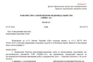 Наказ про затвердження переліку нормативно-правових актів