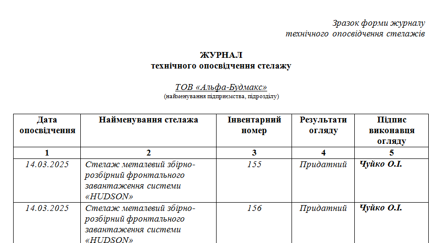 Журнал технічного опосвідчення стелажу